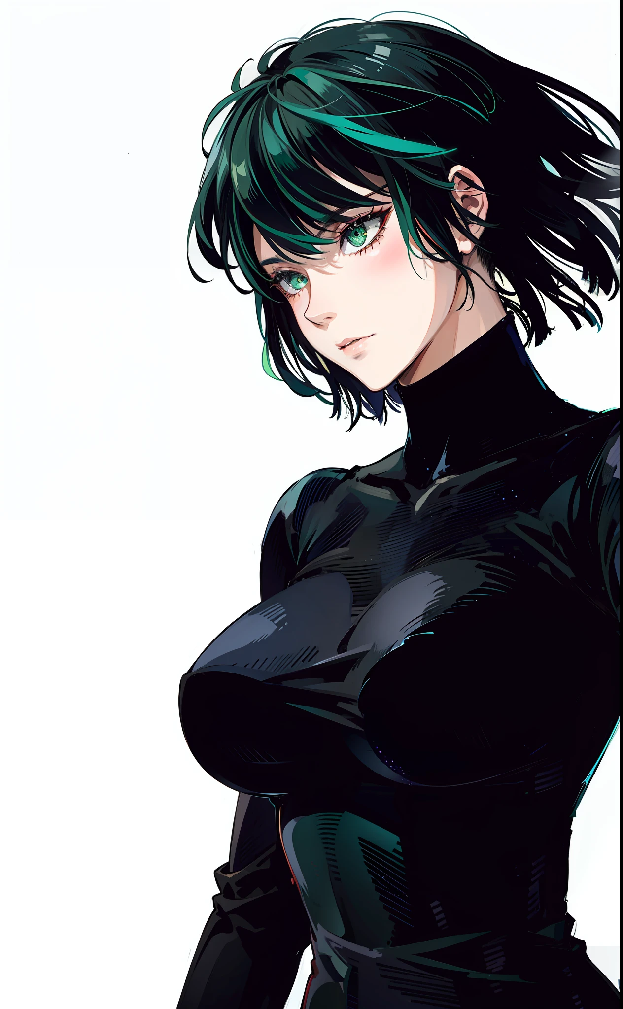 A close-up of a person wearing a black shirt and green hair, Tatsumaki from One Punch Man, Fubuki, Æon Flux style mix, by Kentaro Miura, the style is a mix of Æon flux, Anime girl in a black dress, Art by Kentaro Miura, Portrait of a female anime heroine, Female anime character,  Anime woman, fubuki, green hair, short hair