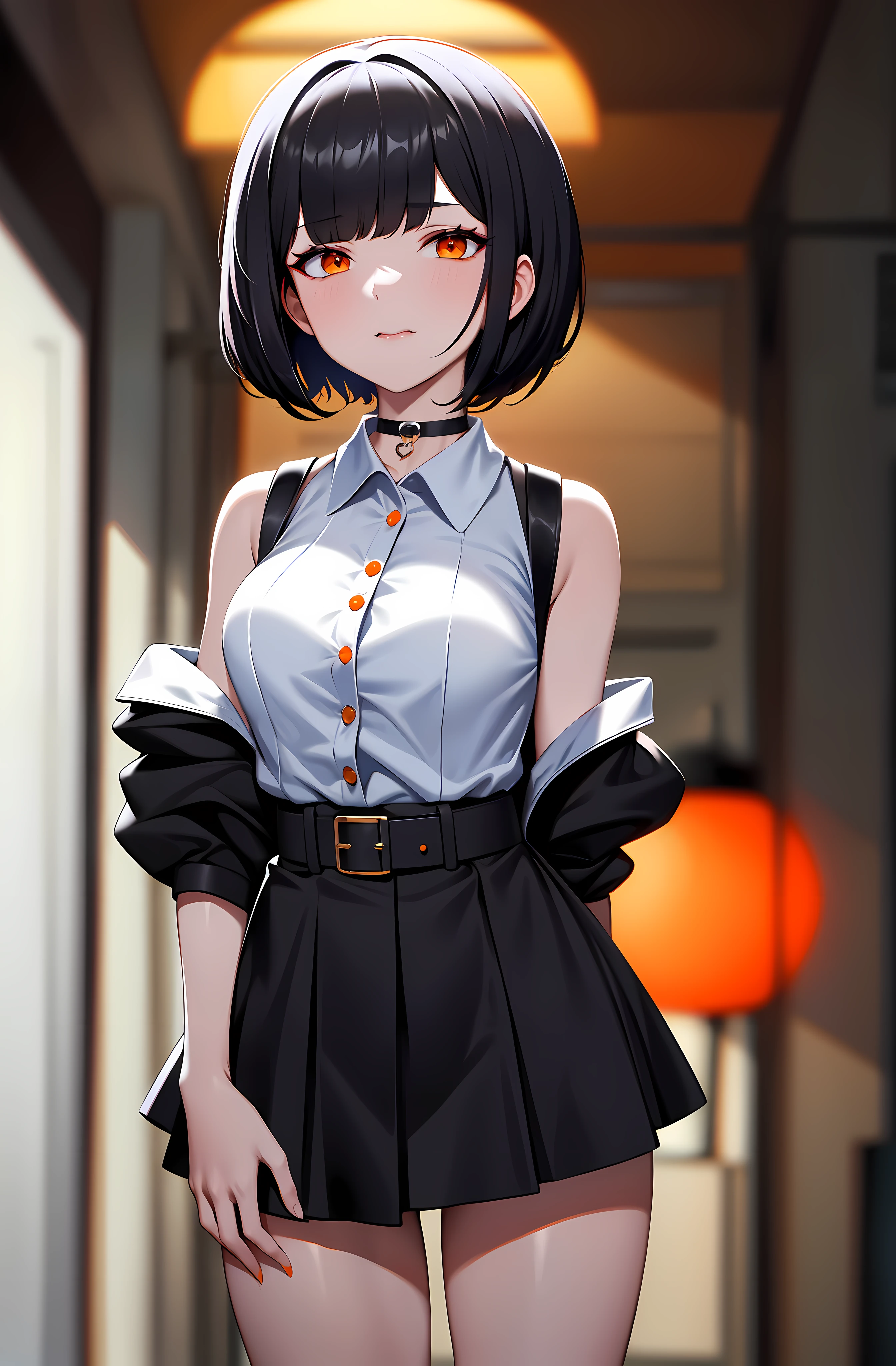 best quality, high-res, blur, 1girl, sleeveless white button shirt, black skirt, black choker, cute, (Kpop idol), (aegyo sal:1), (black reverse bob cut, short hair:1), ((orange eyes)), looking at viewer, full body, facing front, dark studio, rim lighting, two tone lighting, dimly lit, low key, zeronis, blurred, blur, beautiful, perfection, trending on ArtStation