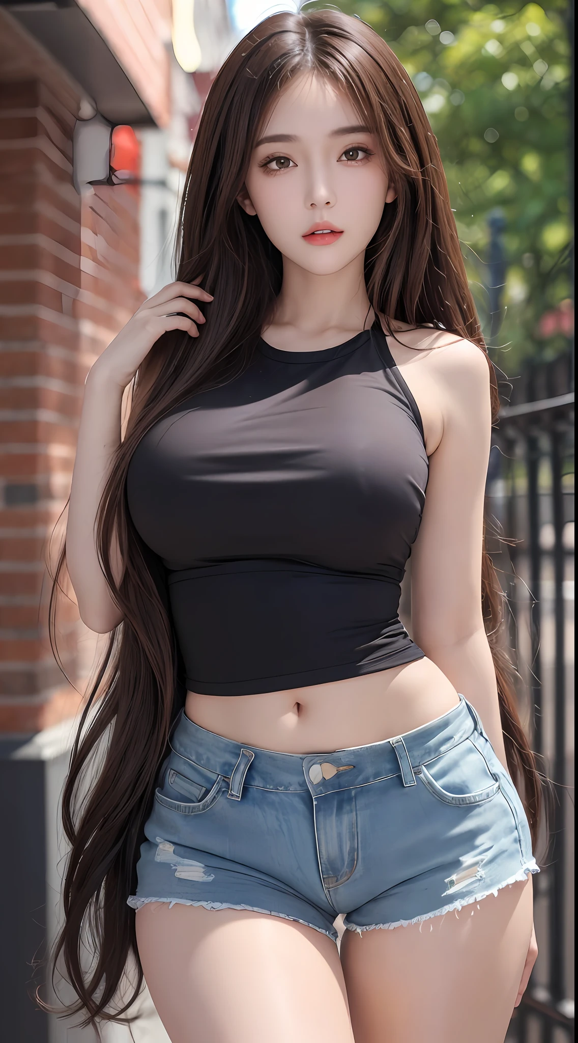 ((top quality, 8k, masterpiece: 1.3)), sensual woman, 1 girl, (slender figure: 1.2), dark brown hair, (outdoor, shirt, shorts: 1.1), ultra detailed face, detailed lips, detailed eyes, double eyelids, (huge breasts: 1.2)