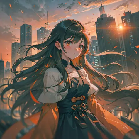 (City dusk, sunset lights up the sky) In the eyes of (plain dress, black long-haired girl), (city) turns into a patch (orange-red). (hazy clouds) gently (drifting by), and the setting sun adds a little (sadness) in between. The (girl's) (long hair) flutter...
