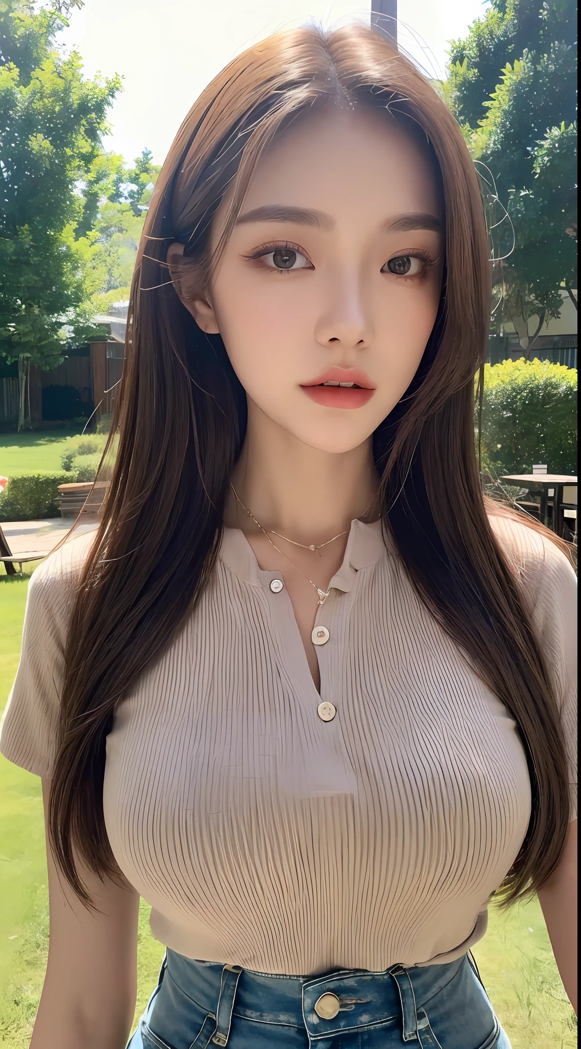 ((top quality, 8k, masterpiece: 1.3)), sensual woman, 1 girl, (slender figure: 1.2), dark brown hair, (outdoor, shirt, shorts: 1.1), ultra detailed face, detailed lips, detailed eyes, double eyelids, (huge breasts: 1.2)