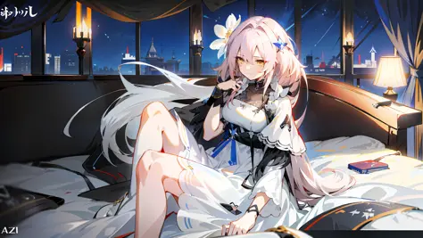 (from Azur Lane Video Game + from Arknights + Characters from Azur Lane), (Anime Girl), Long Hair, White Dress, (Sitting on the ...
