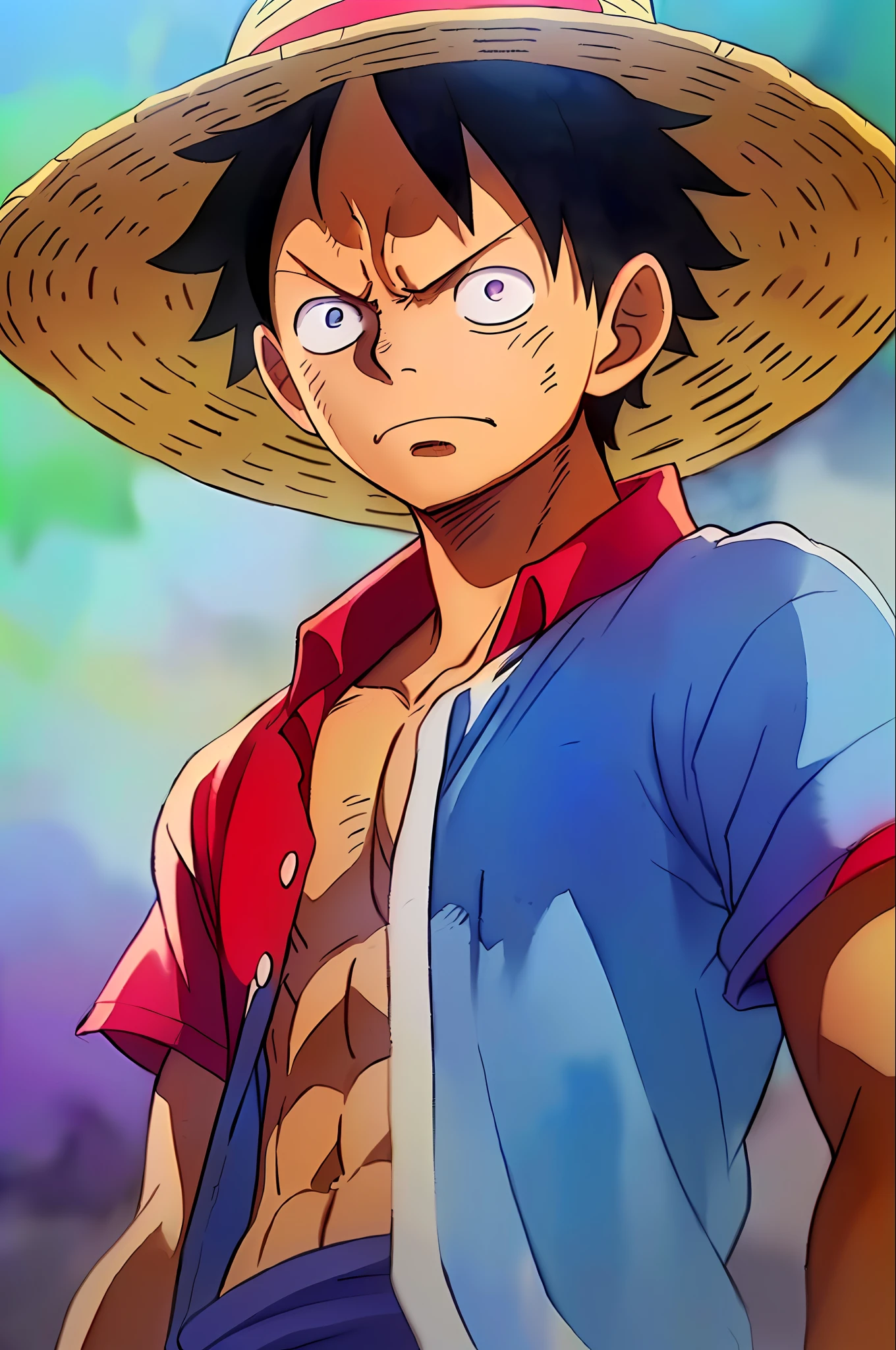 1boy, wanostyle, monkey d luffy, angry looking, straw hat, looking at viewer, solo, upper body, (((masterpiece))), ((best quality)), (extremely detailed), watercolor, illustration, depth of field, sketch, dark intense shadows, sharp focus, soft lighting, hdr, colorful, good composition, fire all around, spectacular, closed shirt, anime screencap