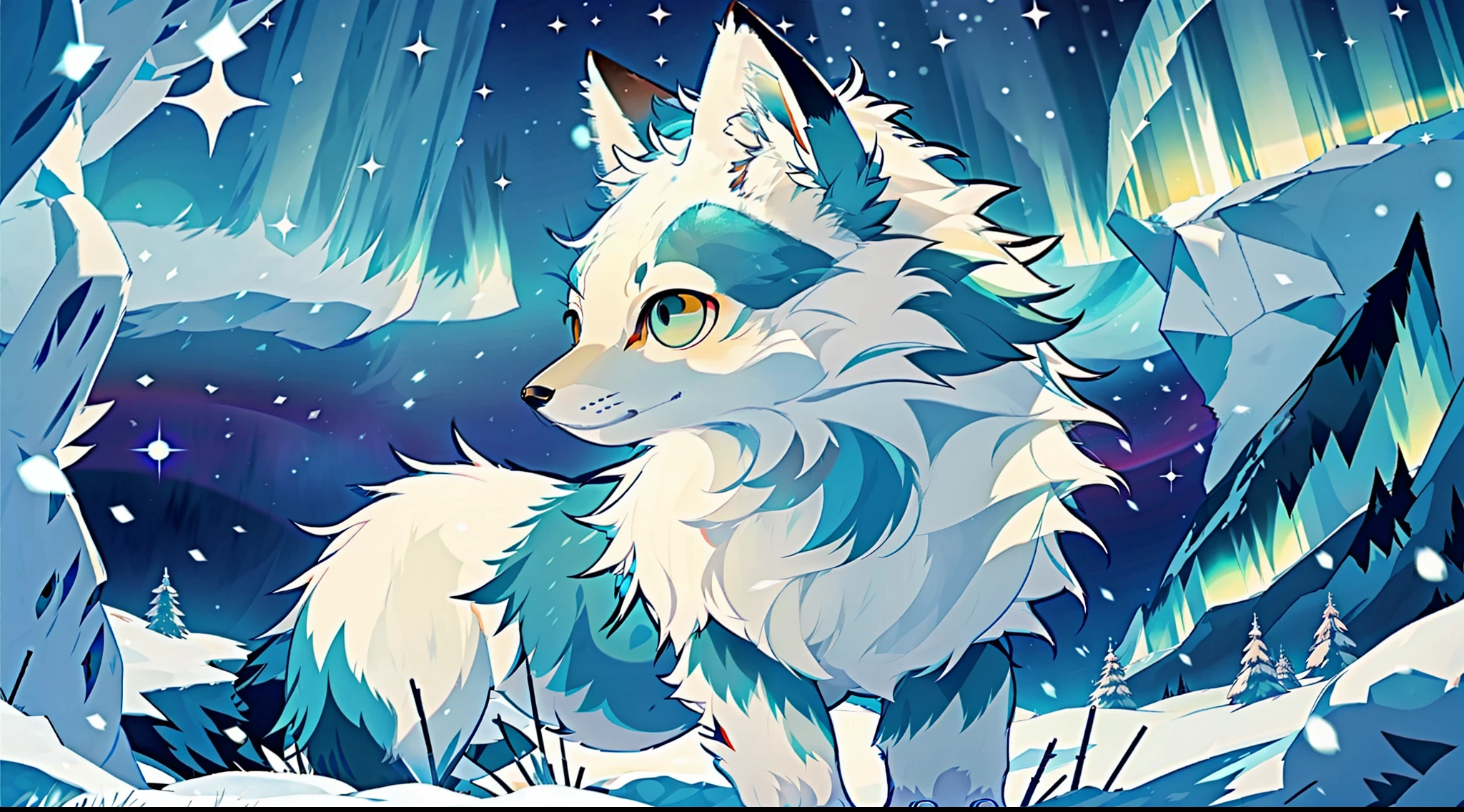 Arctic fox, close-up, beautiful and mysterious arctic fox. Thick soft fur, soft, delicate hair, clear texture. Small ears and nose, extra-long fluffy tail, clear and sharp eyes, as if looking at something. Beautiful background, thick snow. In the distance is an endless sea of ice, illuminated by the sunlight, in various shades of blue. The colorful aurora in the sky, as if the most beautiful music in the world, illuminates the whole picture. Surrounded by colorful splashes