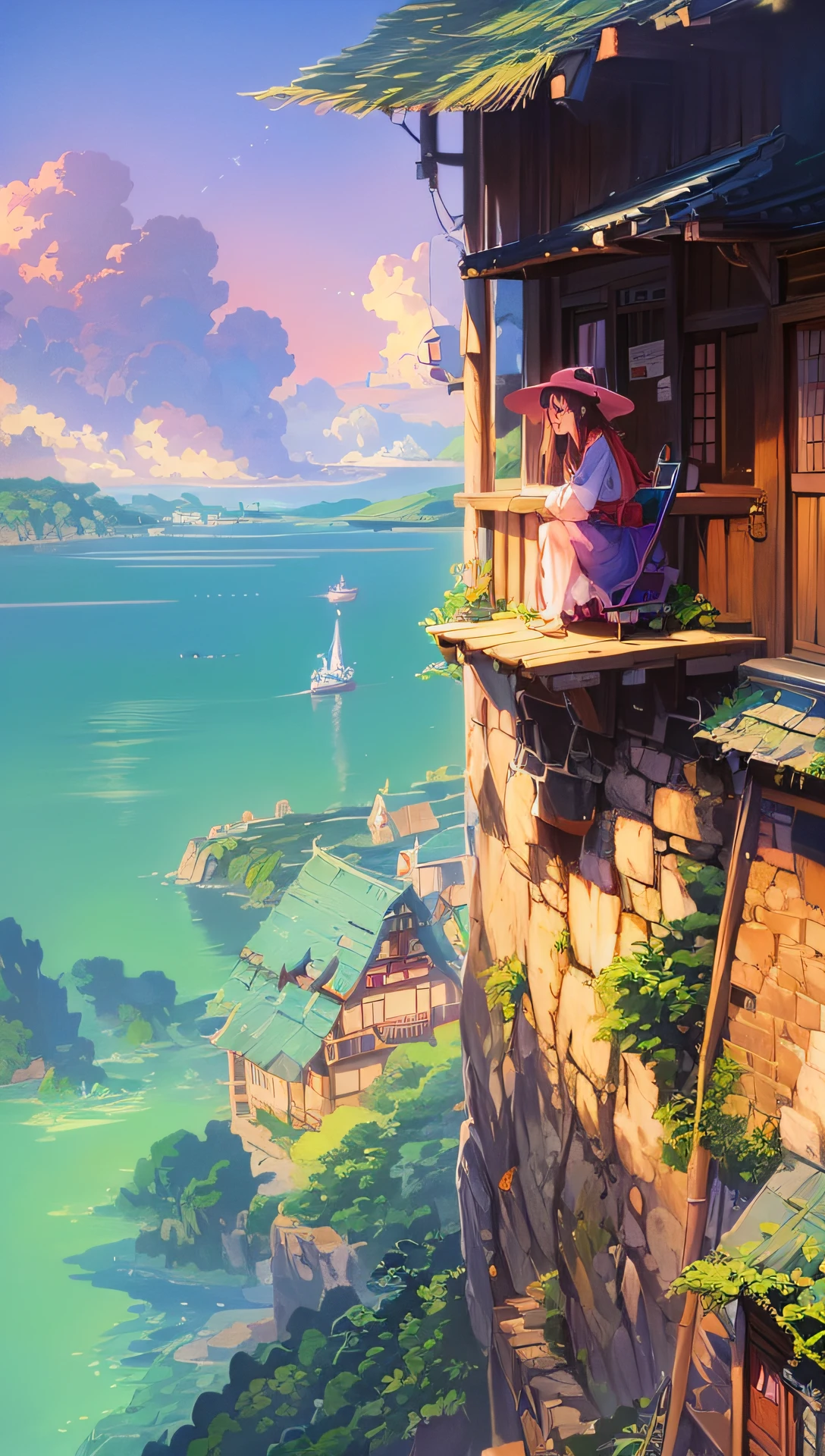 anime scenery of a woman sitting on a balcony overlooking a lake, by Miyazaki, makoto shinkai cyril rolando, incredible miyazaki, miyazaki's animated film, studio ghibli artstyle, beautiful anime scene, miyazaki film, style of hayao miyazaki, inspired by Miyazaki, miyazaki movie, ghibli artstyle