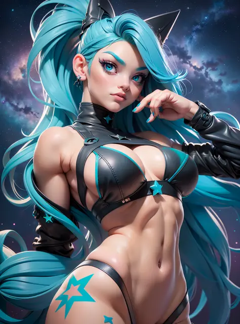 ((Best Quality)), ((Masterpiece)), ((Realistic)) and ultra-detailed photography of a girl with goth colors. She has ((turquoise hair)), wears a (small black micro-thong:star motif ) , ((beautiful and aesthetic)), muscular fit body abs, sexy, under-boobs, h...