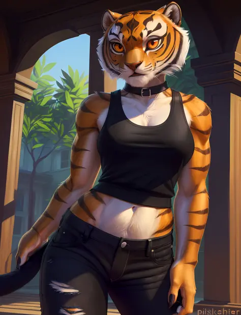 solo master_tigress, 8k hd, (highly detailed fur:1.2), detailed lighting, detailed body shadows, detailed red eyes, yellow sclera, (lifelike, real life:1.3), detailed background, by pixelsketcher, perfect breasts, (wear tank top, black short jeans:1.3), (p...