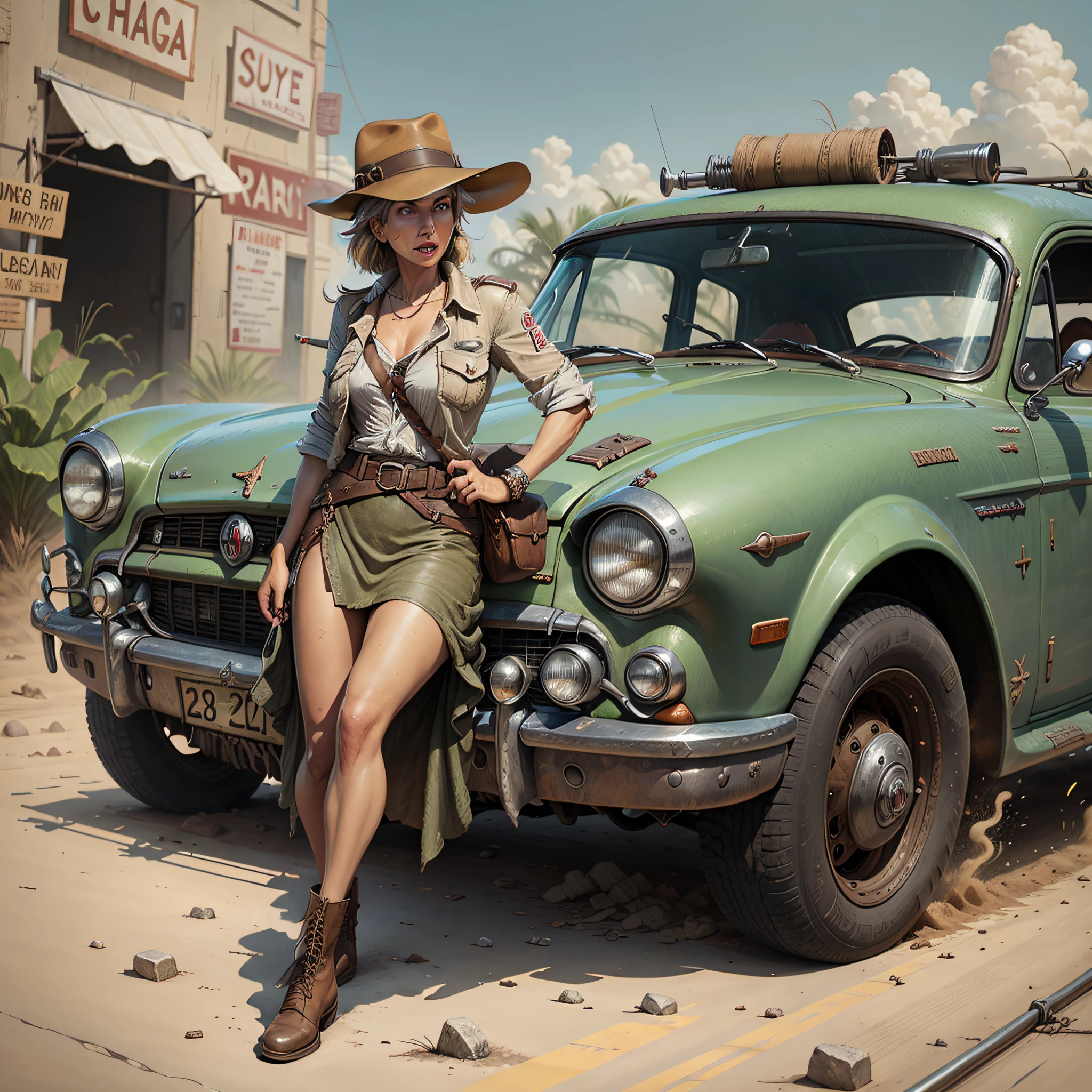 Indiana Jones femenina en el coche, Persecución de coches