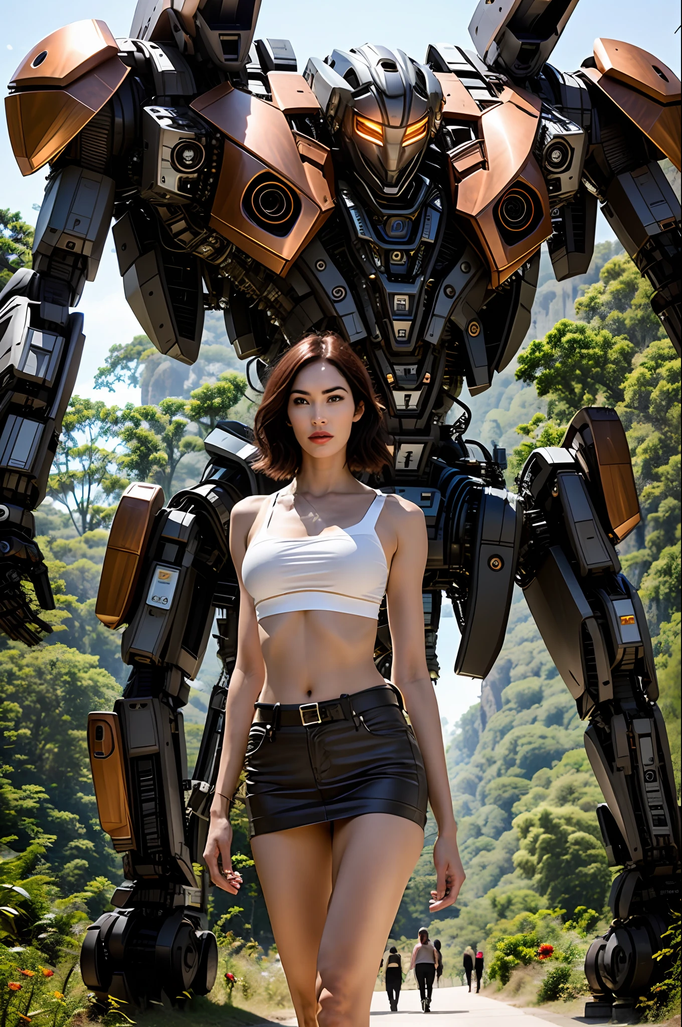 Photo of a beautiful Megan Fox woman with short hair next to a huge robot, lace bra, minskirt, slender, flirting with the camera, sideways
masterpiece, detailed clothes, best shadow, detailed face, (blurred: 1.4), muted colors, (photorealistic: 1.3), low quality photo, bad,
huge robot, robot wings, copper and metal, in the jungle, red lips, leather skirt, metallic face