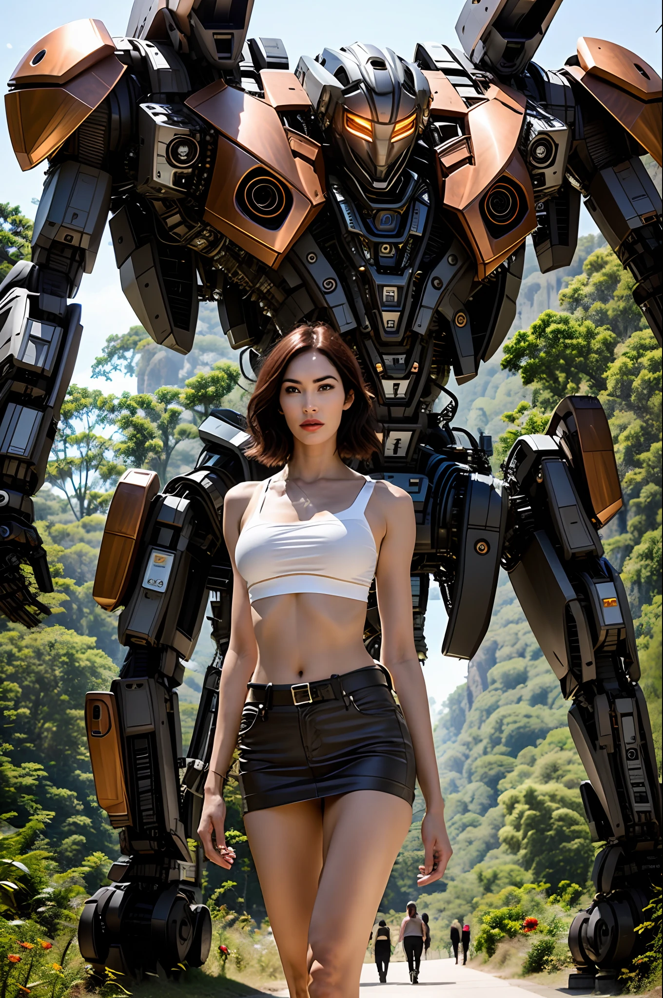 Photo of a beautiful Megan Fox woman with short hair next to a enorme robot, sujetador de encaje, Minfalda, esbelto, coqueteando con la camara, obra maestra de lado, ropa detallada, mejor sombra, cara detallada, (borroso: 1.4), colores apagados, (Fotorrealista: 1.3), foto de baja calidad, malo,
enorme robot, alas de robot, cobre y metal, en la jungla, labios rojos, Falda de cuero, cara metalica