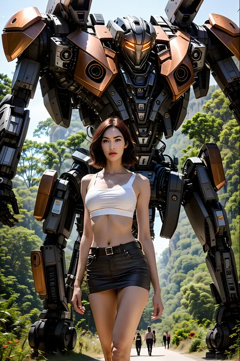 Photo of a beautiful Megan Fox woman with short hair next to a huge robot, lace bra, minskirt, slender, flirting with the camera...