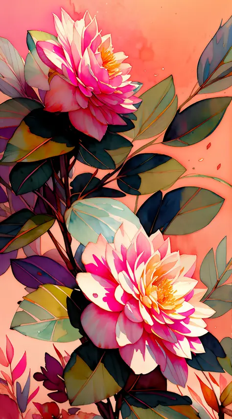 wtrcolor style, camellia digital art, official art, drifting in the wind, masterpiece, beautiful, ((watercolor)), paint splash, ...