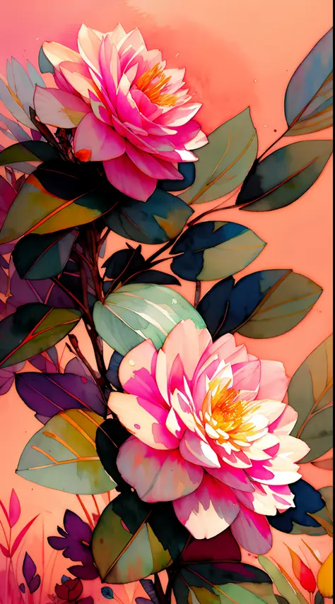 wtrcolor style, camellia digital art, official art, drifting in the wind, masterpiece, beautiful, ((watercolor)), paint splash, ...