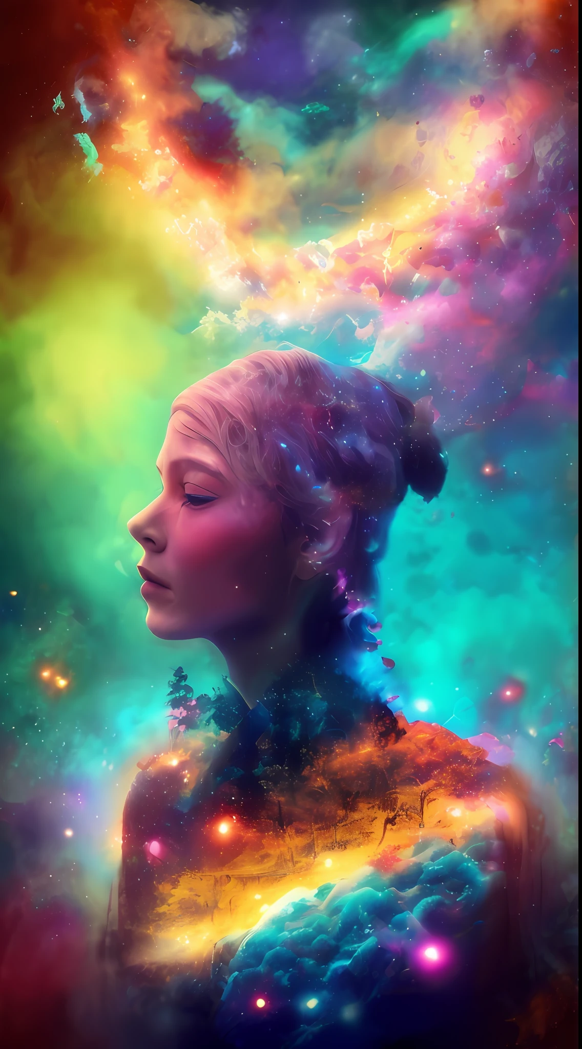 Incredible and spectacular scene, a "((high quality)), (detailed)), ((fantasy)), illustration, perspective (45 degree tilt angle), theme (enchanted forest style), scene elements (handsome boy, beautiful girl), picture quality (3D rendering effect), exquisite details, beautiful lights "emerge from glowing clouds, fractal nebula lines, cosmic entities, celestial bodies, universes, vibrant and vivid, swirling, rotating, impractical, high contrast, co-metabolic, magical, mysterious, mysterious, surreal, Oversaturated, colorful