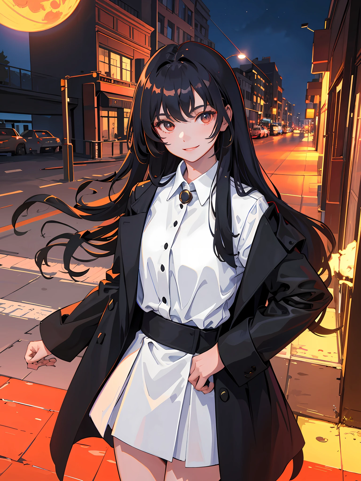 Anime girl in a white shirt and black jacket standing on a sidewalk -  SeaArt AI