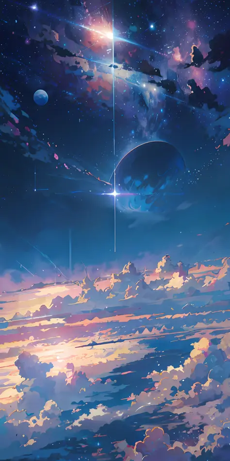 anime - style scene of a beautiful sky with a star and a planet, cosmic skies. by makoto shinkai, anime art wallpaper 4k, anime art wallpaper 4 k, anime art wallpaper 8 k, anime wallpaper 4k, anime wallpaper 4 k, 4k anime wallpaper, anime sky, amazing wall...