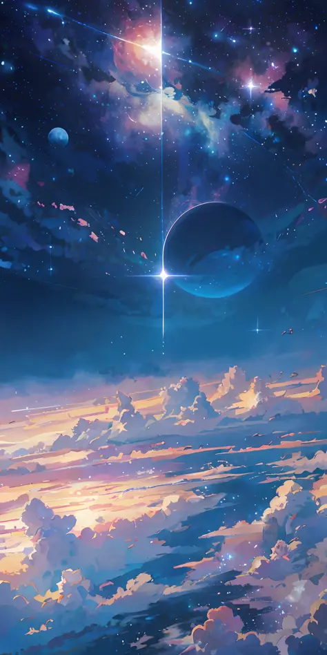 anime - style scene of a beautiful sky with a star and a planet, cosmic skies. by makoto shinkai, anime art wallpaper 4k, anime art wallpaper 4 k, anime art wallpaper 8 k, anime wallpaper 4k, anime wallpaper 4 k, 4k anime wallpaper, anime sky, amazing wallpaper, anime background, heaven planet in background, anime background art