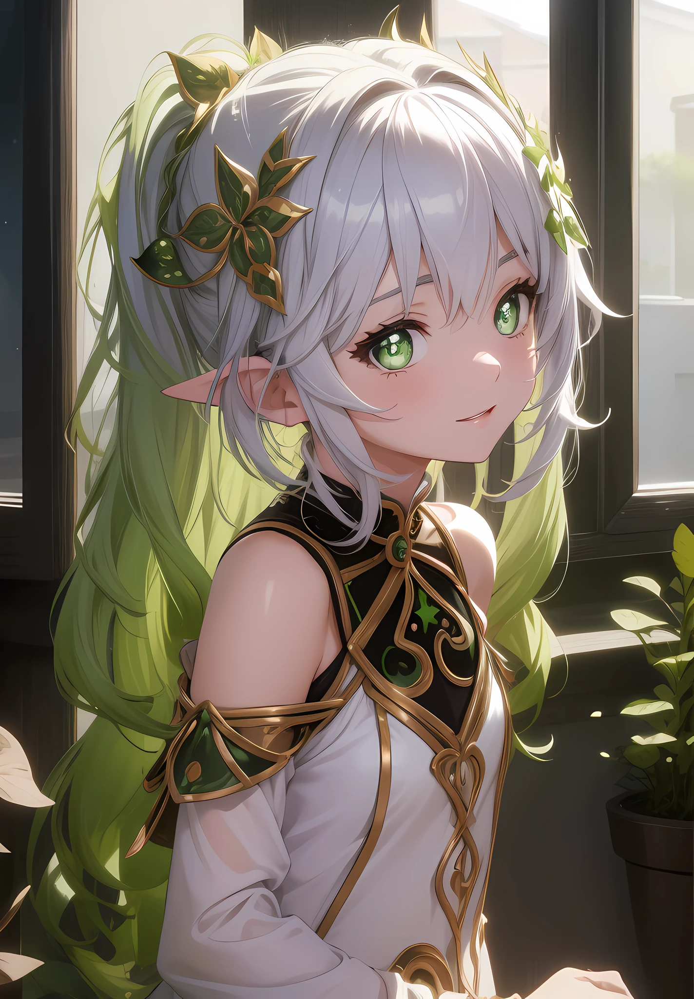 nahida, impact genshin, anime girl with green eyes looking at the camera with a Beau and attractive smile, reflets de lentilles colorées, oreille d&#39;elfe, Des étoiles dans ses yeux fixes, lumière à travers le verre, rendu époustouflant, Super gros-plan, art cg animé, jolie fille, jolie fille anime, Beau anime girl, Style de collection Kantai,  cute cute Beau anime woman, Art animé numérique détaillé, Beau anime girl, Beau anime girl, | Anime détaillé, (fille animée), meilleure qualité, chef-d&#39;œuvre, Ultra-détaillé, Beau, haute résolution, original, absurdes,CG 8K ultra réaliste, œuvre d&#39;art parfaite, (((perfect femelle figure)), femelle, taille fine, faire le ménage, Beau face, visage pur, peau, hyper réaliste, ultra détaillé, Yeux détaillés, corps luxuriant, éclairage dramatique, pose dynamique, (réaliste) réaliste, (chef-d&#39;œuvre:1.3), (absurdes:1.3), (meilleure qualité:1.3), HD,  Full HD, Lumière étincelantes, meilleure qualité, meilleure qualité, Beau lighting, Extérieur, (Fond d&#39;écran 8k d&#39;une unité CG extrêmement détaillée), détails élevés, netteté, dramatic and photoréaliste midjourney painting art, photoréaliste, Beau smile, Visage incroyablement détaillé, visage hyper détaillé, hyper réaliste face, visage avec beaucoup de détails, nez parfait