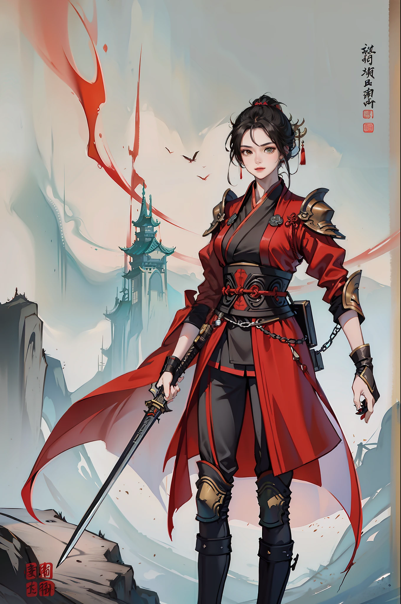 Chinese style, ancient battlefield, an ancient Chinese female general, holding a sword in her hand, grim expression, full body, amazing facial features, red robe, armor, boots, yellow sand in the sky, fleeing crowd, firelight, game model, stunning lighting, C4D, OC rendering, cinematic edge light, delicate light, masterpiece, super detailed, epic composition, super HD, high quality, highest quality, 32k