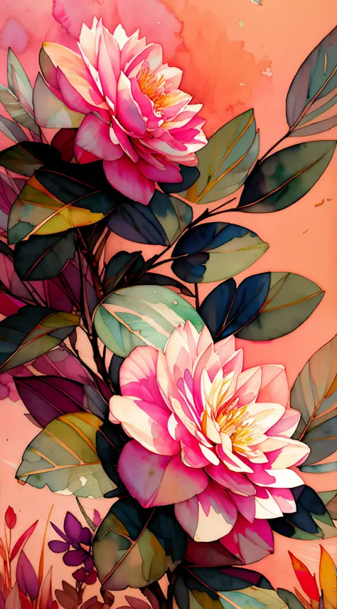 wtrcolor style, camellia digital art, official art, drifting in the wind, masterpiece, beautiful, ((watercolor)), paint splash, ...