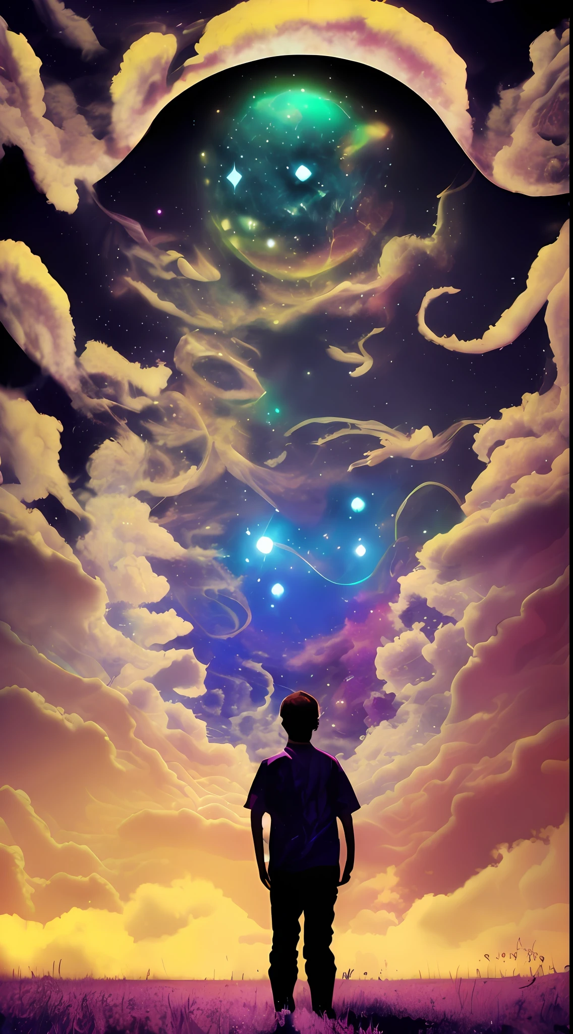 Incredible and spectacular scene, a "((high quality)), (detailed)), ((fantasy)), illustration, perspective (45 degree tilt angle), theme (enchanted forest style), scene elements (handsome boy, beautiful girl), picture quality (3D rendering effect), exquisite details, beautiful lights "emerge from glowing clouds, fractal nebula lines, cosmic entities, celestial bodies, universes, vibrant and vivid, swirling, rotating, impractical, high contrast, co-metabolic, magical, mysterious, mysterious, surreal, Oversaturated, colorful