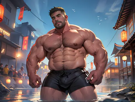 1boy,best quality,mature male,muscular male,(bara stocky:1.5),bara daddy,thick arms,thick legs,Sports pants,on the water's edge,night,sky lantern,full body,full shot,Chinese architecture,fat,realistic photo,masterpiece,naked upper body,male,shorts,short ha...