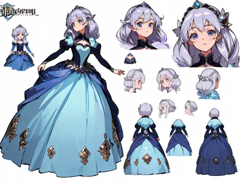 ((masterpiece)),(((best quality))),(character design sheet,same character,front,side,back),illustration,1 girl,silver hair,princ...