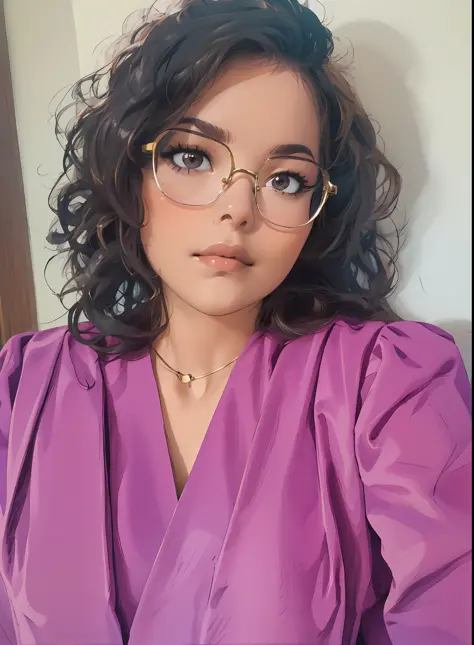 Transform the image into a painting, curly hair, dark brown eyes, golden necklace, glasses, purple dress, sexy look, looking at ...