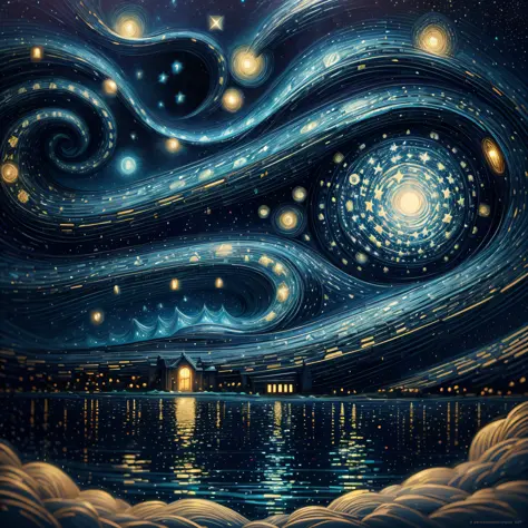 starry night painting of two people in a boat on a lake, james r. eads, van gogh art style, in the starry night, in style of van...
