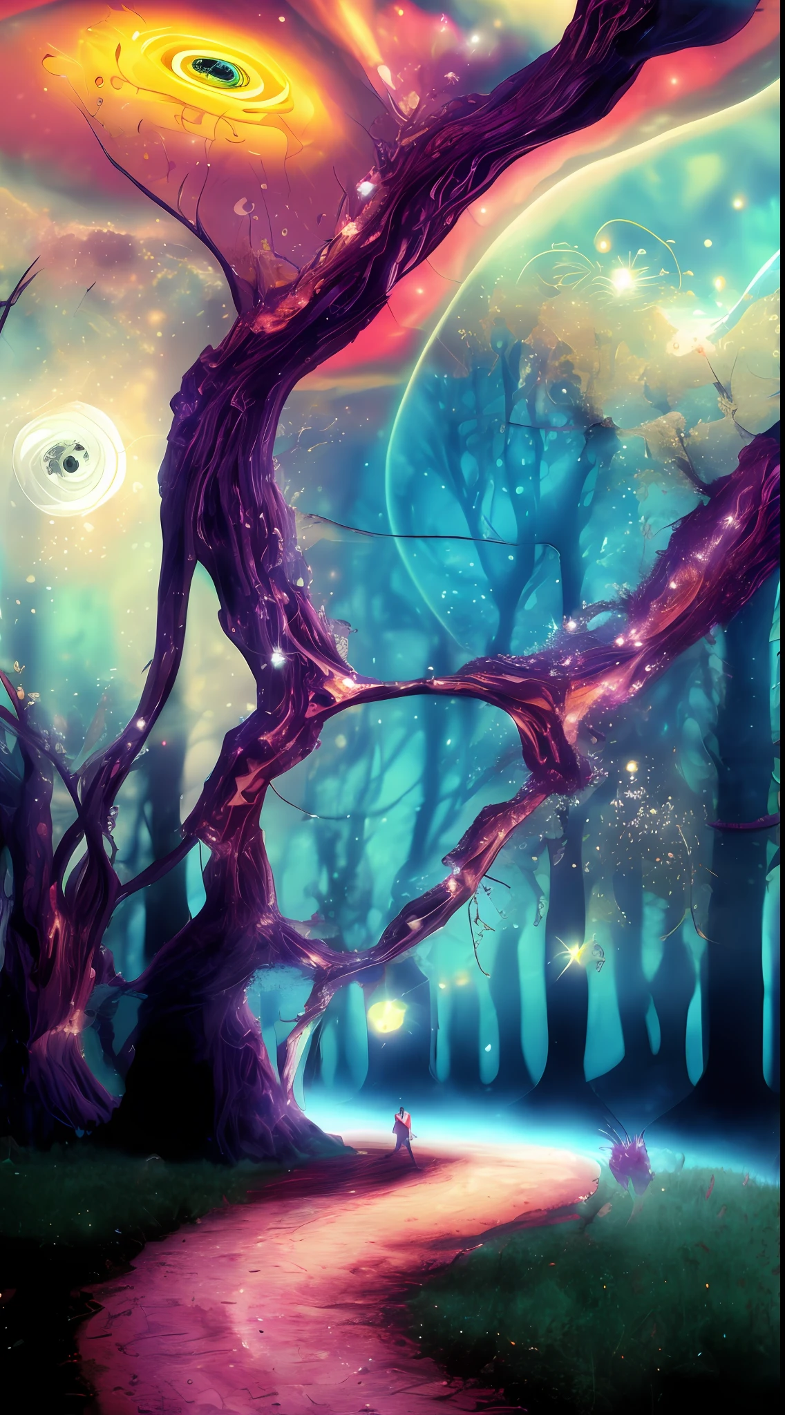 Incredible and spectacular scene, a "((high quality)), (detailed)), ((fantasy)), illustration, perspective (45 degree tilt angle), theme (enchanted forest style), scene elements (handsome boy, beautiful girl), picture quality (3D rendering effect), exquisite details, beautiful lights "emerge from glowing clouds, fractal nebula lines, cosmic entities, celestial bodies, universes, vibrant and vivid, swirling, rotating, impractical, high contrast, co-metabolic, magical, mysterious, mysterious, surreal, Oversaturated, colorful