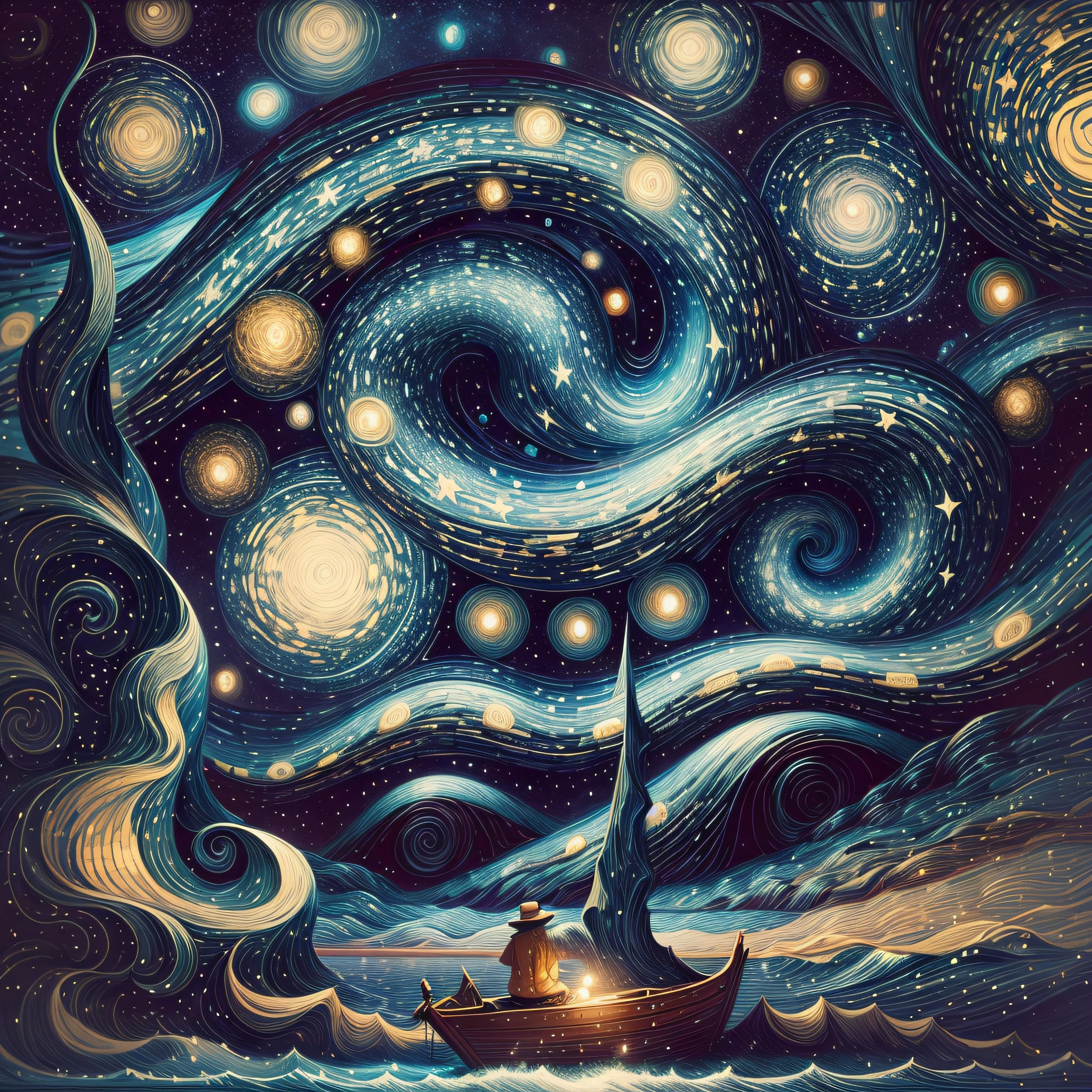 starry night painting of two people in a boat on a lake, james r. eads, van gogh art style, in the starry night, in style of van gogh, style of van gogh, van gogh style, starry night, by Van Gogh, style of van gogh starry night, van gogh painting, anton fadeev and dan mumford, floating among stars --auto --s2