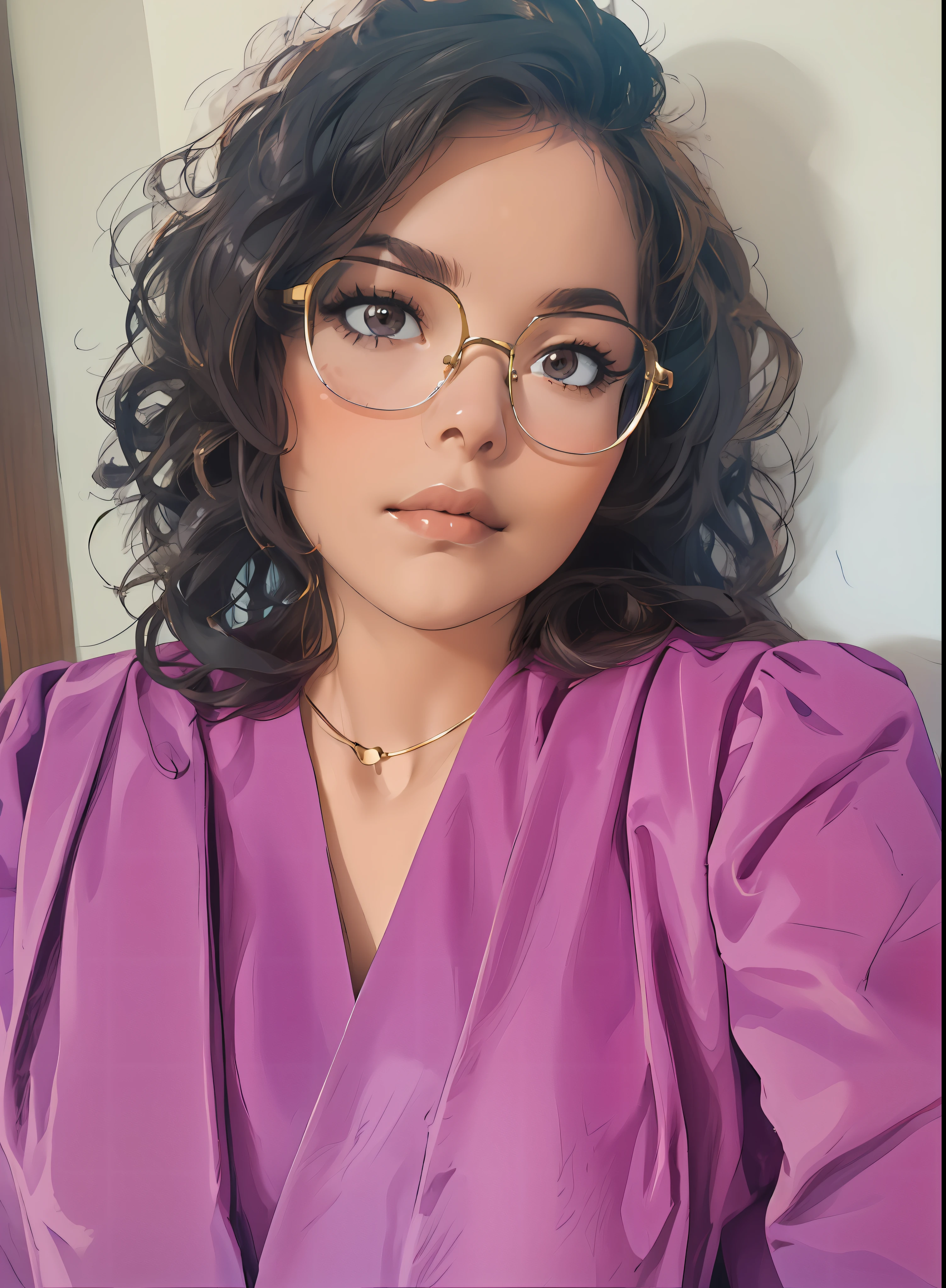 Transform the image into a painting, curly hair, dark brown eyes, golden necklace, glasses, purple dress, sexy look, looking at the viewer, 4k, full hd