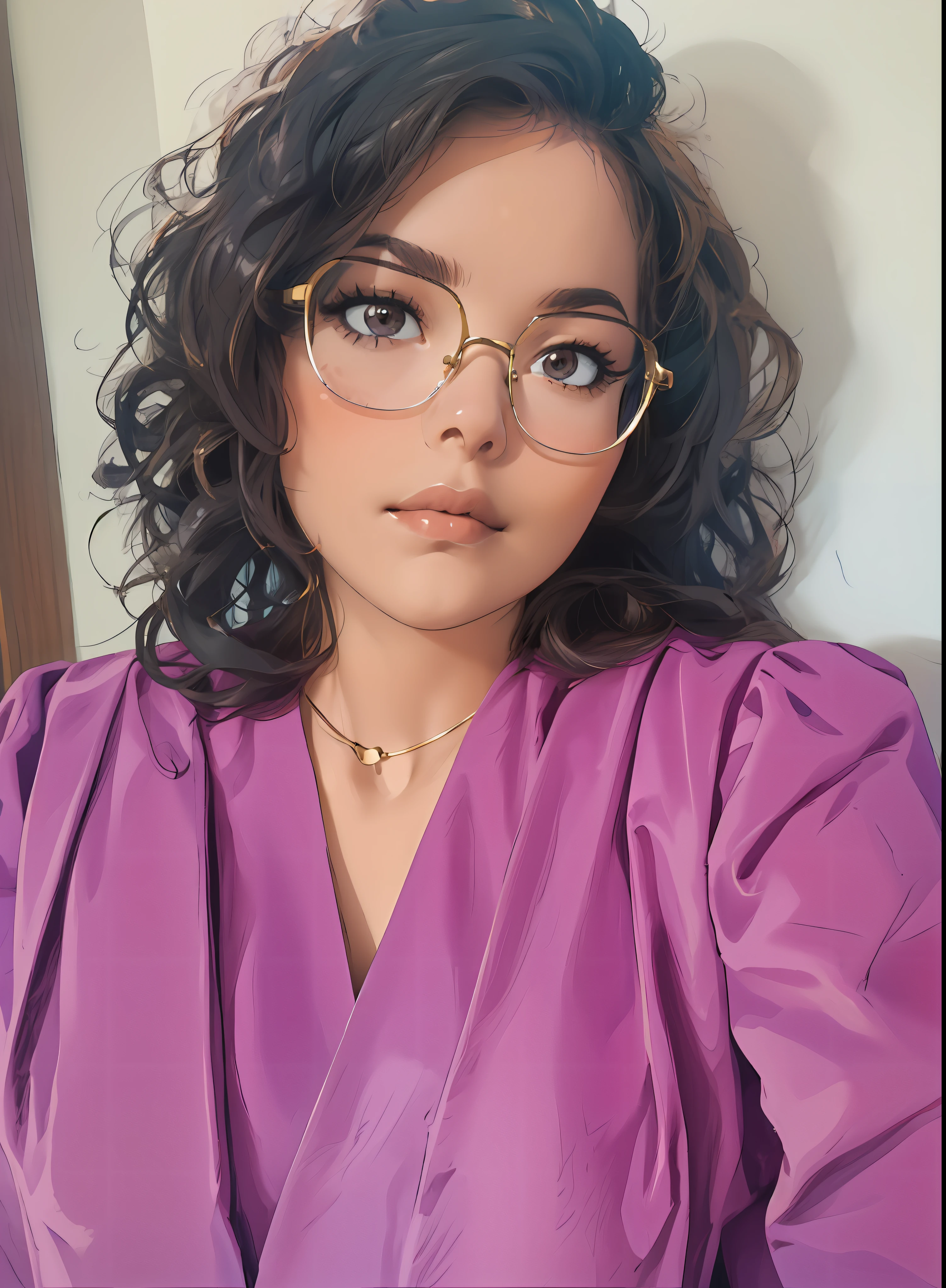 Transforma la imagen en una pintura., Pelo RIZADO, Ojos café oscuro, Collar dorado, anteojos, Vestido morado, mirada sexy, mirando al espectador, 4k, Full HD