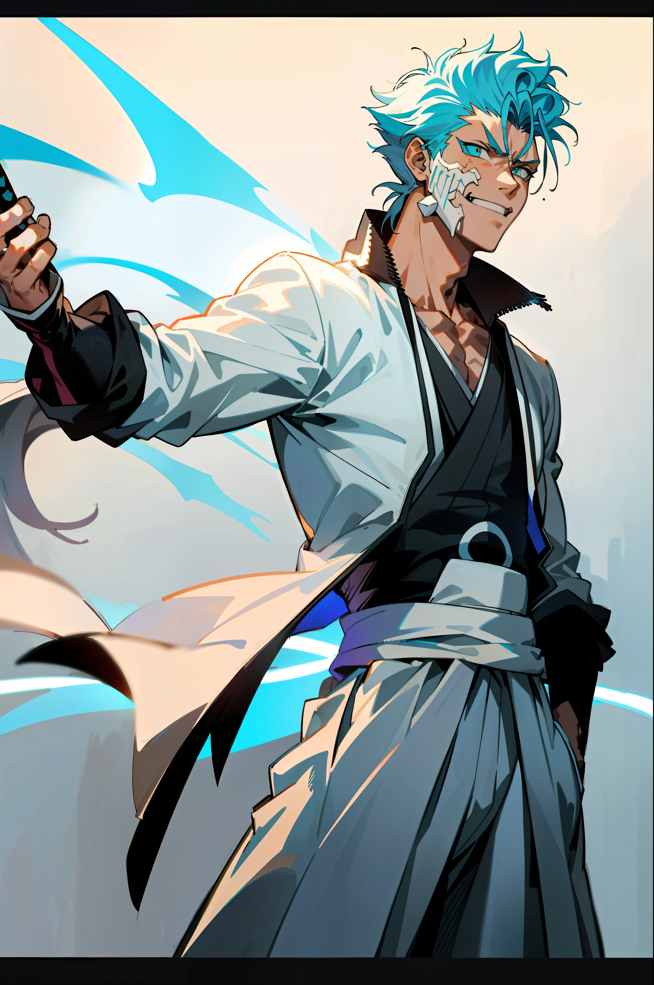 masterpiece, best quality, 1boy, grimmjow jaegerjaquez, at night, night, low light, natural light, fighting pose, white pants,  white jacket, smiling with tongue out, damaged clothes, damaged skin, street, japanese street, low light, light rays, aura power, floating particles, doing a power,  holding a katana, zanpakutou, angry eyes, angry face, smiling, looking ahead, male focus, strong muscles, movie composition, deth of field, bokeh