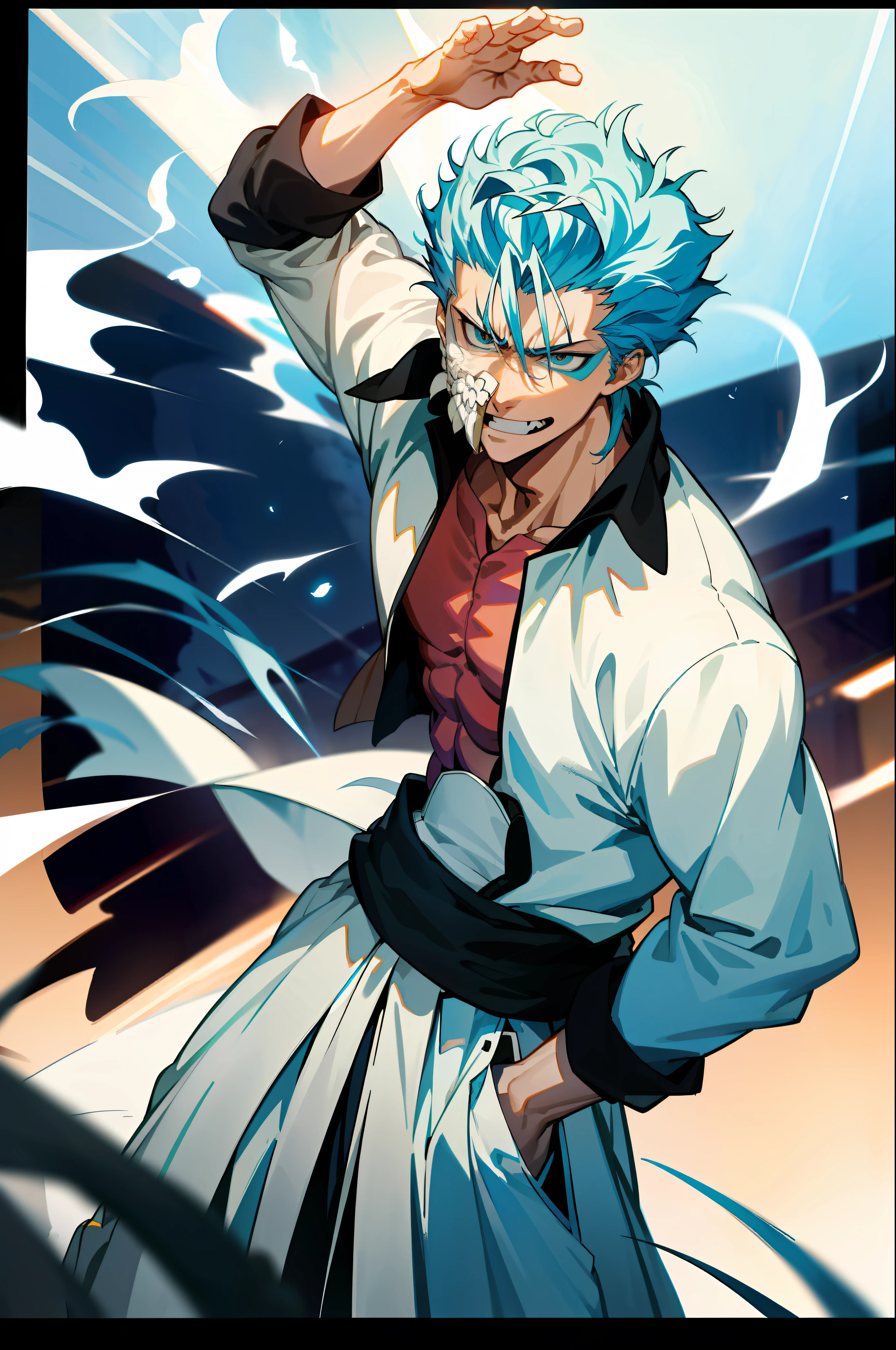 masterpiece, best quality, 1boy, grimmjow jaegerjaquez, at night, night, low light, natural light, fighting pose, white pants,  white jacket, smiling with tongue out, damaged clothes, damaged skin, street, japanese street, low light, light rays, aura power, floating particles, doing a power,  holding a katana, zanpakutou, angry eyes, angry face, smiling, looking ahead, male focus, strong muscles, movie composition, deth of field, bokeh