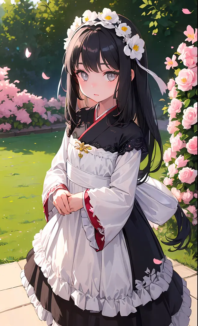 (little girl:1.5),lace,ribbon,hanfu,(masterpiece, sidelighting, finely detailed beautiful gray eyes: 1.2), masterpiece, realistic, glowing eyes,shiny hair,black hair,long long hair, lustrous skin, solo, embarassed,Strapless,exquisite,beautifly,garden,flowe...