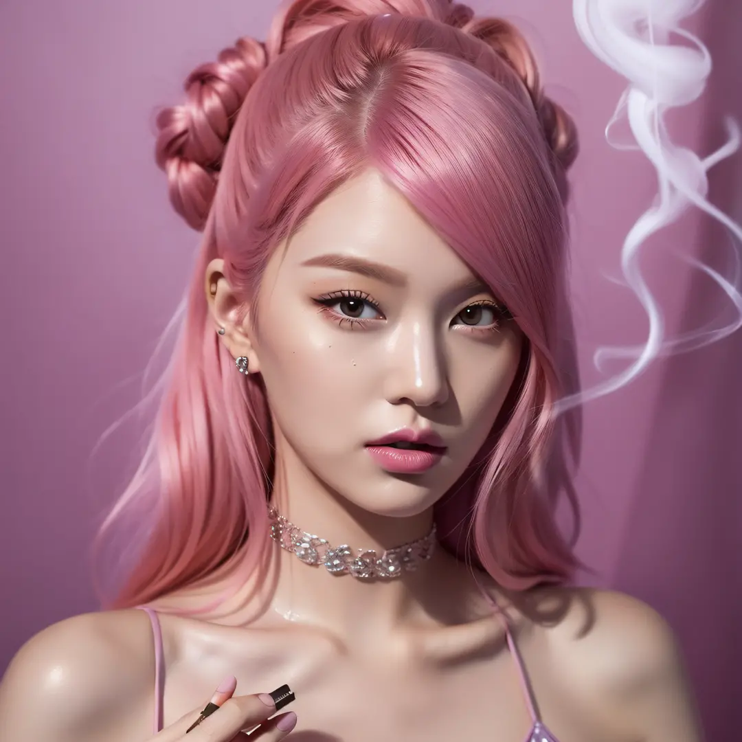 1girl, close-up, selfie, pink hair, medium hair, smoking cigarette, woman, realistic, very detailed, complex