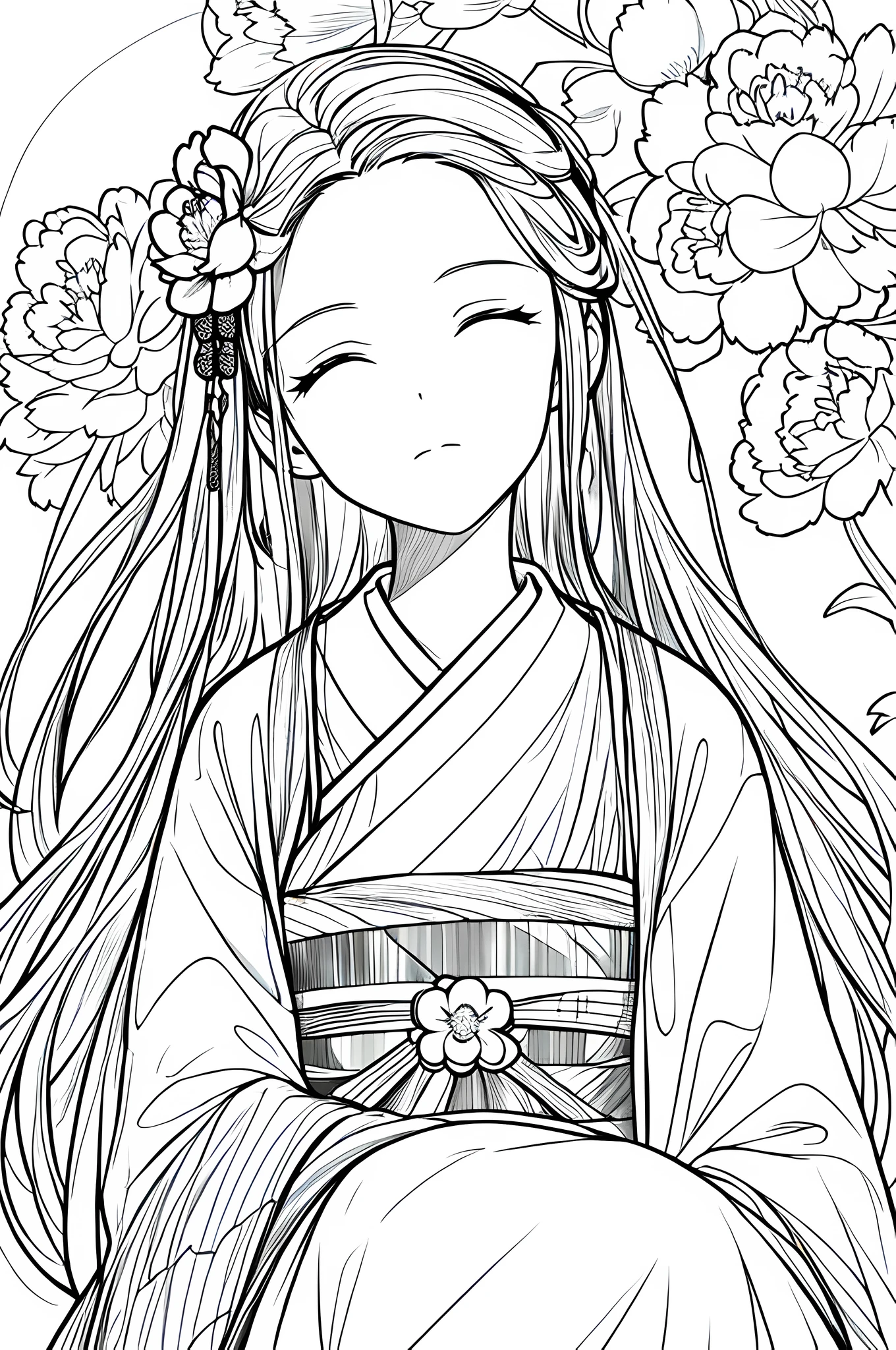 Masterpiece, Best Quality, 1girl,Close Up, Closed Eyes,Solo, Hanfu, Peony Background, White Background, Monochrome, Line Art, ((Sketch))