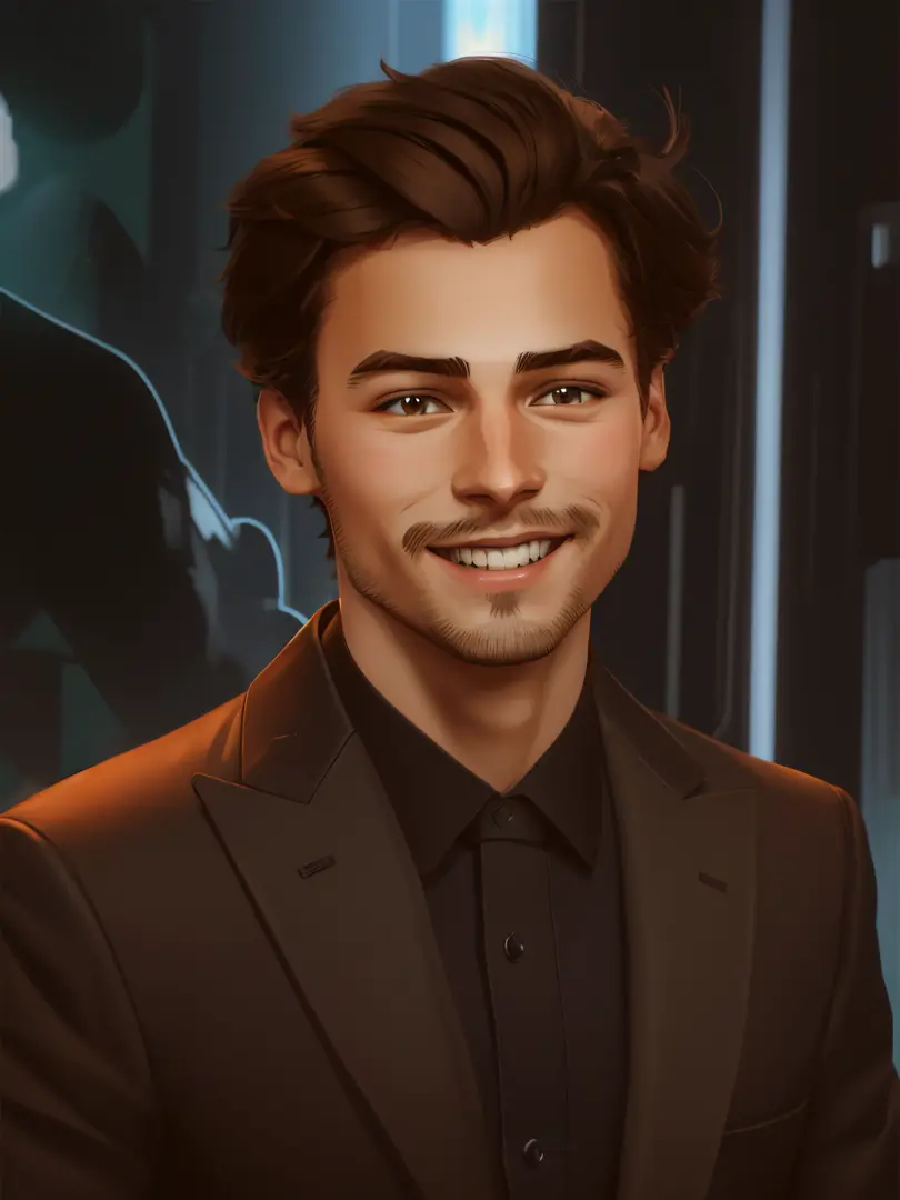 a 25-year-old man, wearing black suit, smiling, brown hair, vector anime style