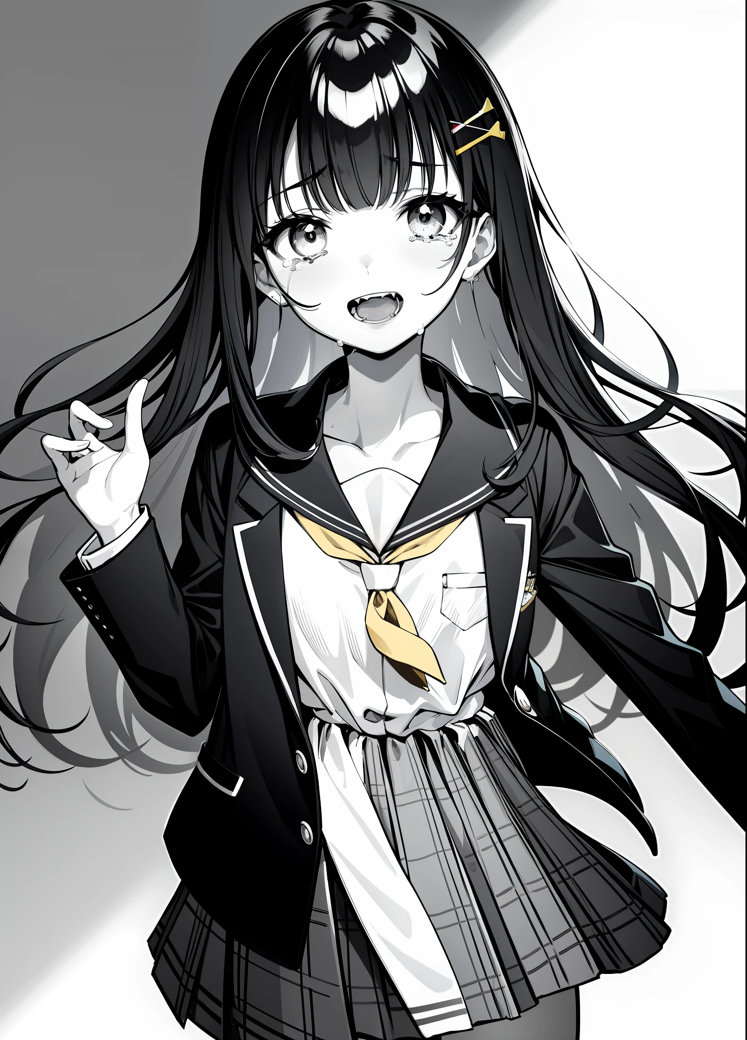 Very Detailed Eyes,Sharp Focus, Absurdity, Best Quality, 1girl, Long Hair, Black Hair,School Uniform, Hair Ornament, Smile, Dress, Open Mouth, Bangs, Blunt Bangs, Neat Hair Clips,Plain Skirt, Beauty, Long Eyes, Small, Flat Chest, Clavicle, Monochrome, Line Art, Portrait,Black and White, Sad Face, Crying, Tearful