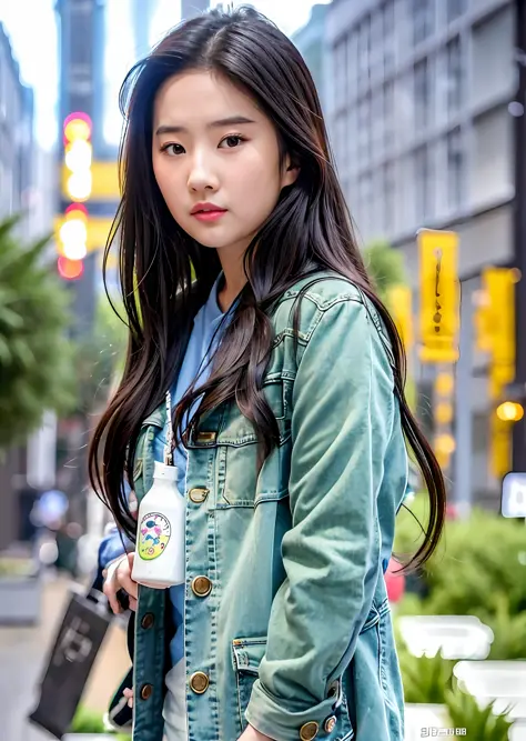 a close up of a person with a bag on a street, ulzzang, korean girl, wan adorable korean face, young cute wan asian face, chines...