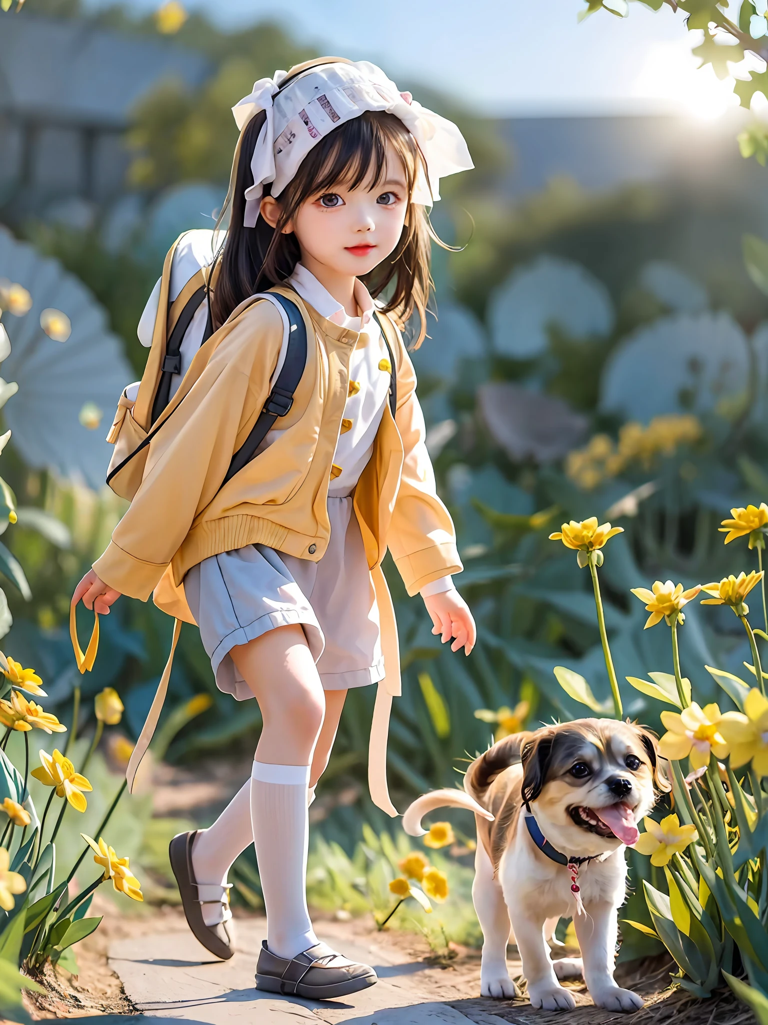 Tipp: Eine sehr charmante Frau mit Rucksack und ihrem süßen Welpen genießt einen schönen Frühlingsausflug umgeben von wunderschönen gelben Blumen und Natur. Die Abbildung ist eine hochauflösende Abbildung in 4k-Auflösung, mit hochdetaillierten Gesichtszügen und Bildern im Cartoon-Stil.