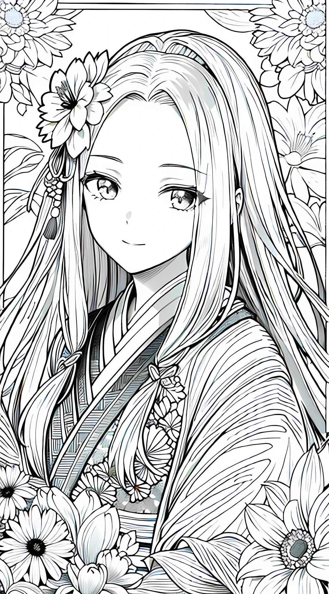 Meisterwerk, beste Qualität, 1 Mädchen, Kopf Nahaufnahme, Hanfu, Fantasie, Blume, Blume Line Drawing Background, Art Line, Monochrome,