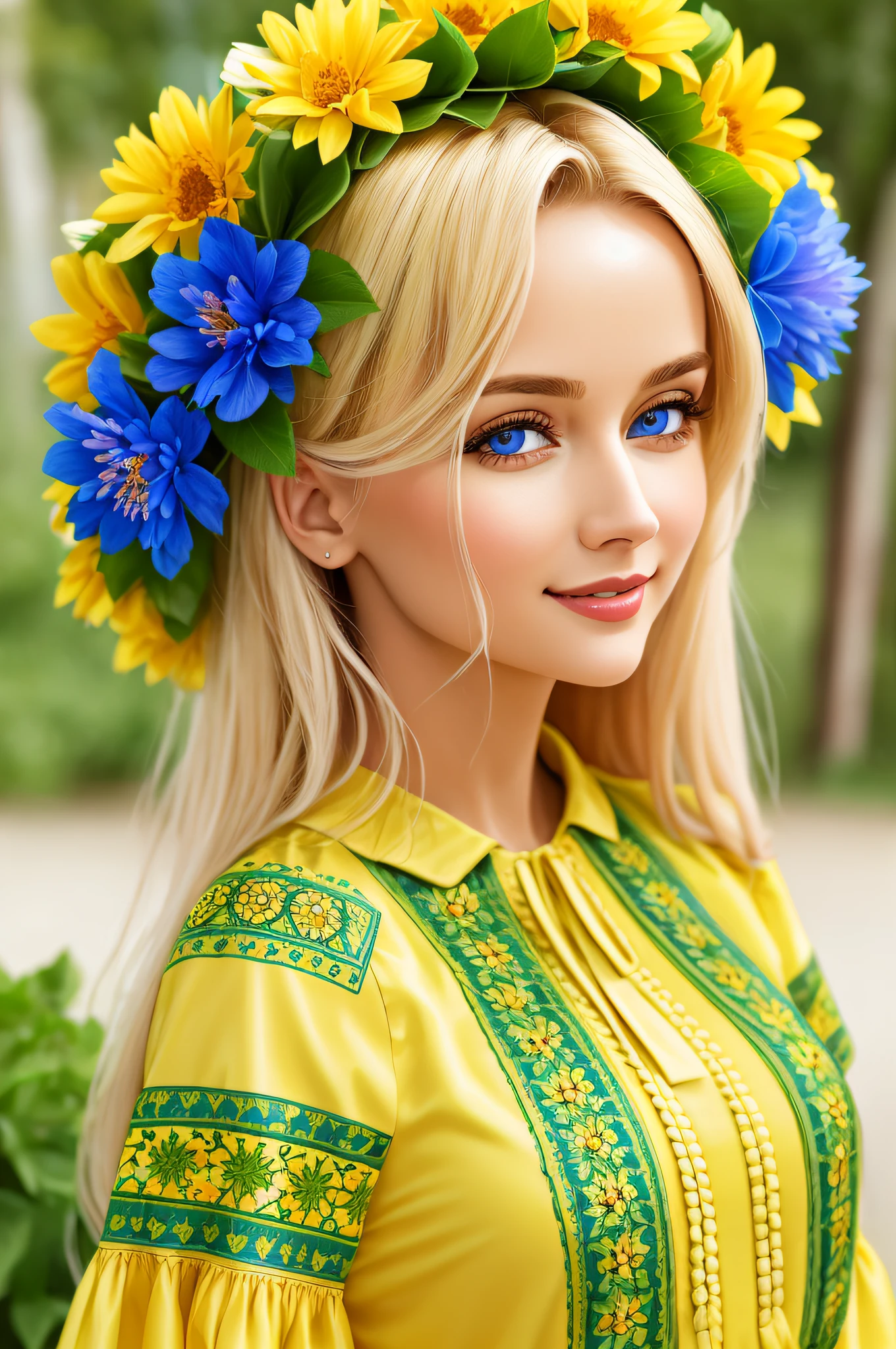 4K, Masterpiece, highres, absurdres,natural volumetric lighting and best shadows,highly detailed face, highly detailed facial features, smiling, edgVyshivanka, blonde woman in a white,blue,yellow,green,pruple,black dress and a flower crown ,wearing edgVyshivanka, edgVyshivanka_style_embroidery,floral embroidery, floral print shiny latex
