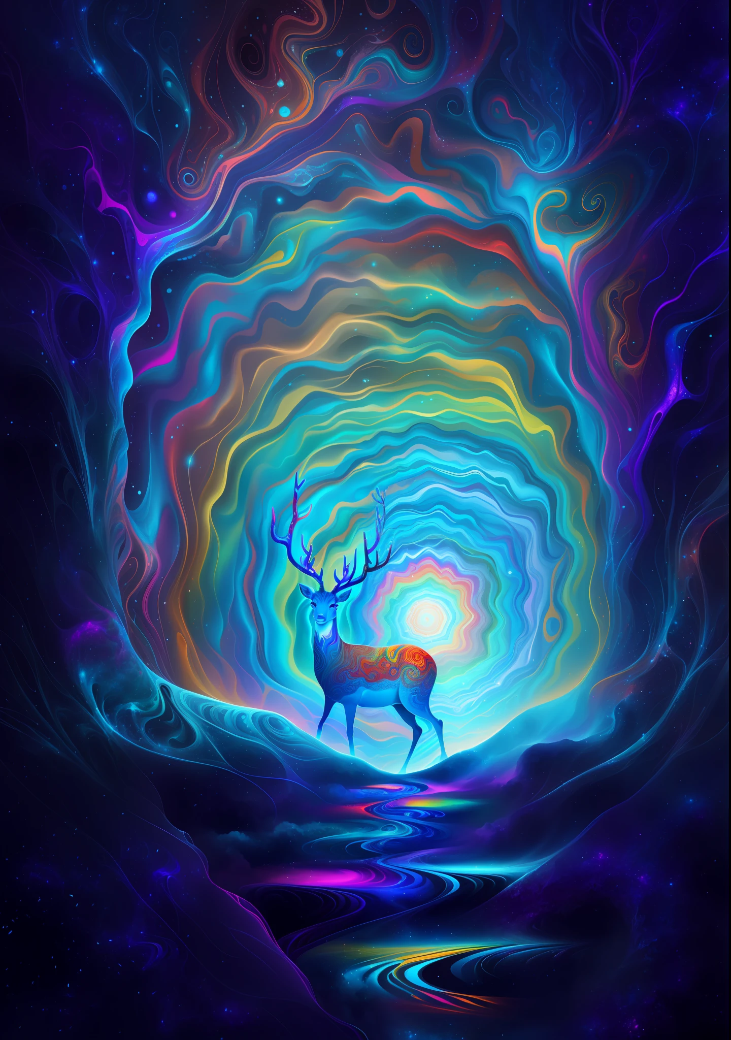 (Psychedelic painting of a deer standing in front of a colorful swirl), ((multiple antlers, stag, big head)), bright colors, thick lines, waves, multiple layers, foreground, perspective, fractal Thunder Dan Mumford , Dan Mumford and Alex Gray style, psychedelic surreal art, surreal psychedelic design, dream art style, illusion psychedelic art, infinite psychedelic waves, inspired by Cyril Rolando Rolando), realistic ripple structure, psychedelic art style, psychedelic art, psychedelic illustration -- V6