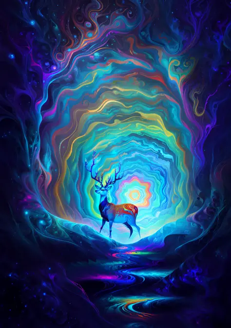 (psychedelic painting of a deer standing in front of a colorful swirl), ((multiple antlers, stag, big head)), bright colors, thi...