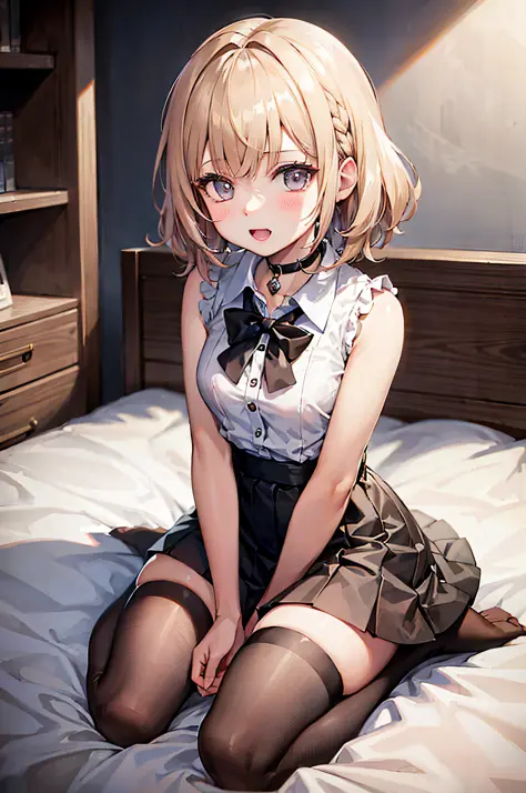 Anime - style image of woman sitting on bed in room, loli in dress, surreal schoolgirl, seductive anime girl, surreal schoolgirl...