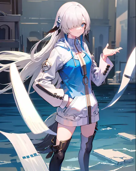 1girl,solo,standing,white_hair,bluejoucho,hair over one eye, cowboy shot,light smile, ((hoodie:1.2)),(hand in pocket:1.3), outdo...