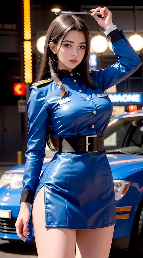 (RAW photo, 4k, masterpiece, high resolution, extremely complex) (realistic: 1.3), cinematic lighting Delicate girl with facial features, oversized, sexy body, protruding and upturned
1 female policeman with long hair blue police uniform uniform black wrap...