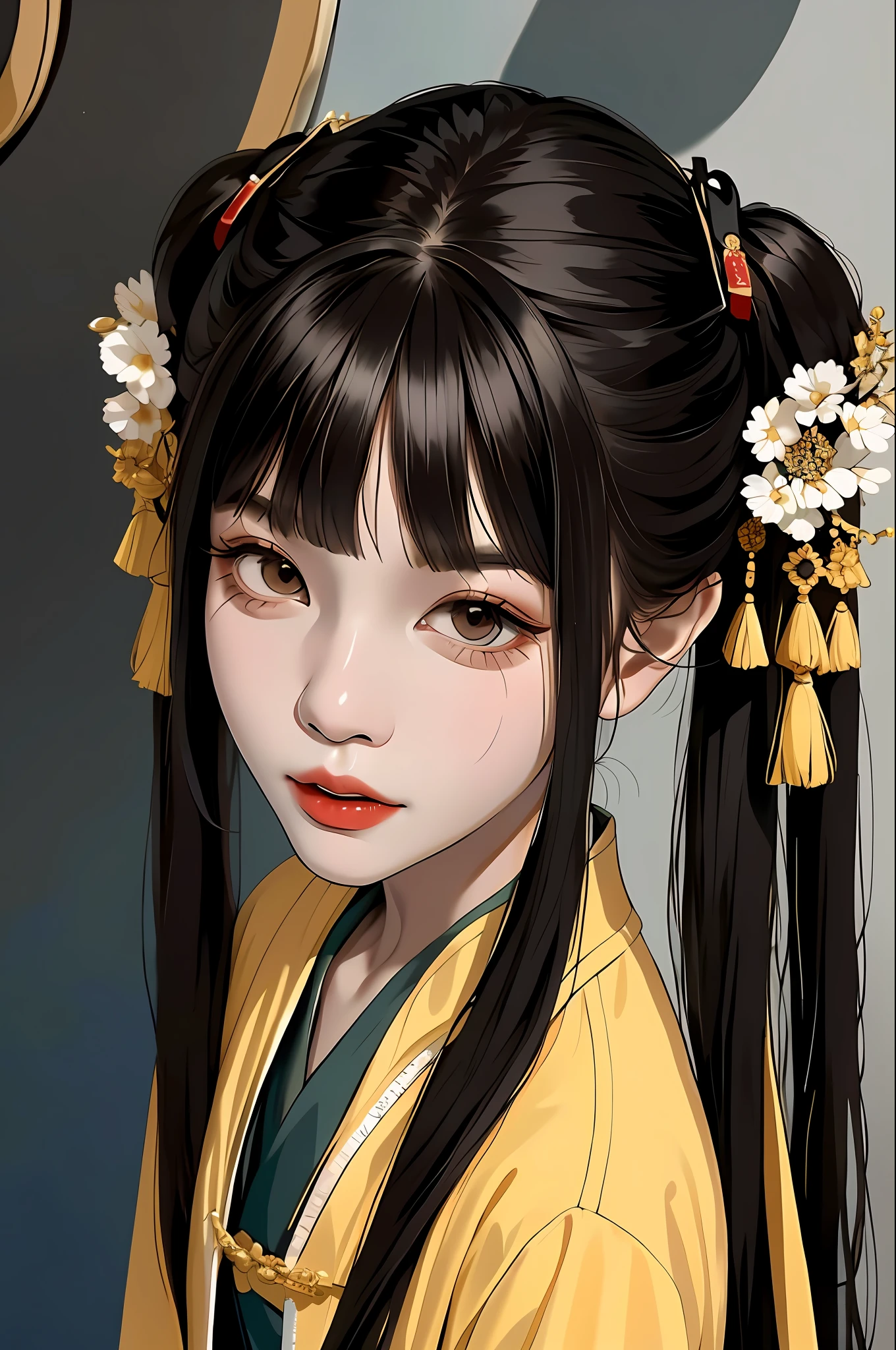 girl,full body,(detailed face:1.2), masterpiece, fashion,chinese dress,, medium hair, black hair, twintails, blunt bangs, brown eyes,